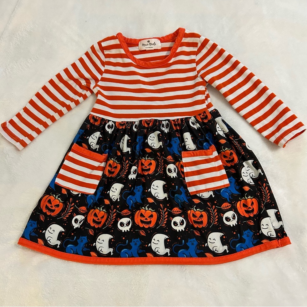 Marie Nicole Striped Halloween Dress with Ghosts and Pumpkins 2T